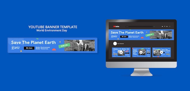 PSD grátis modelo de banner horizontal do youtube para celebração do dia mundial do meio ambiente