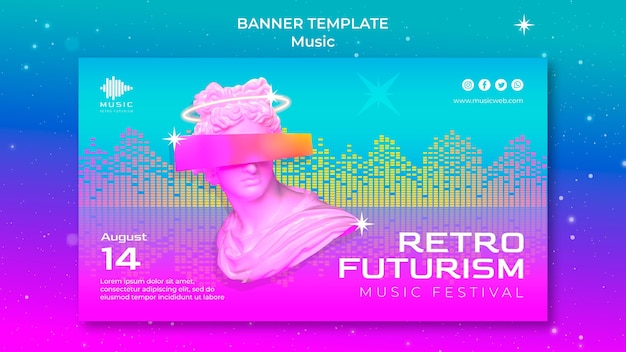 Modelo de banner horizontal futurista retrô para festival de música