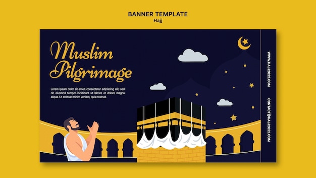 Modelo de banner horizontal hajj com meca e pessoas rezando