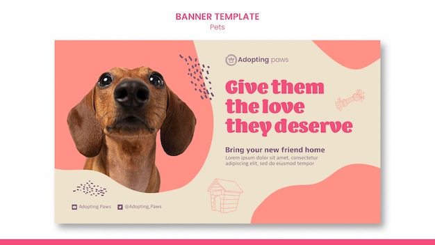 Modelo de banner horizontal para adoção de animal de estimação com cachorro