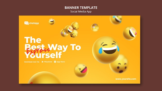 PSD grátis modelo de banner horizontal para aplicativo de bate-papo de mídia social com emojis