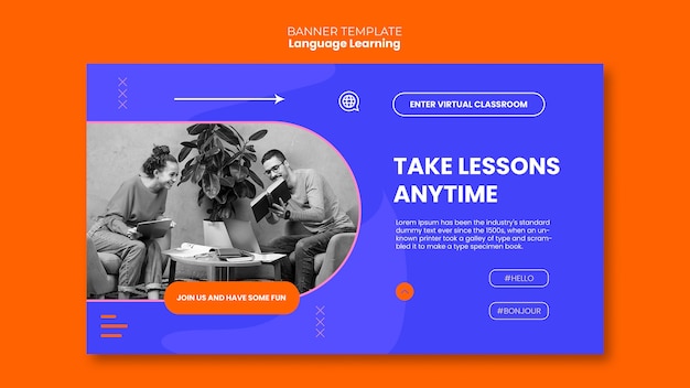PSD grátis modelo de banner horizontal para aprendizagem de línguas