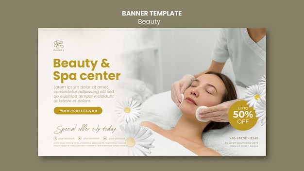 Modelo de banner horizontal para beleza e spa com flores de mulher e camomila