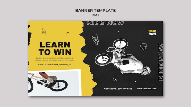 Modelo de banner horizontal para bmx biking com homem e bicicleta