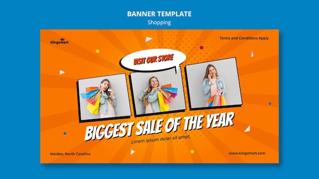 Modelo de banner horizontal para compras com mulher segurando sacolas de compras