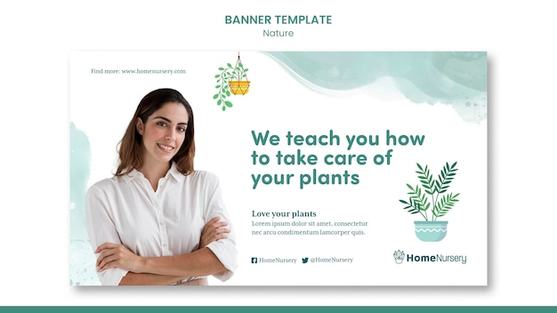 Modelo de banner horizontal para cuidar de plantas de casa com mulher