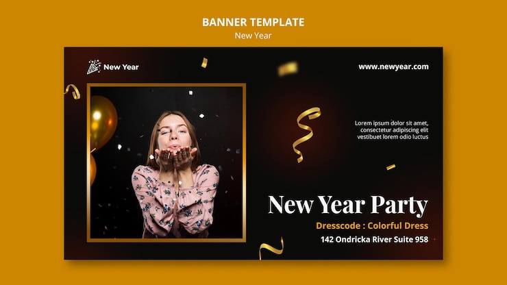 PSD grátis modelo de banner horizontal para festa de ano novo com mulher e confetes