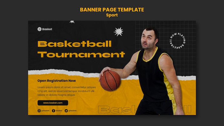PSD grátis modelo de banner horizontal para jogo de basquete com jogador masculino