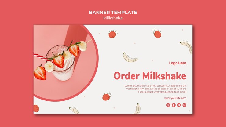 PSD grátis modelo de banner horizontal para milkshake de morango