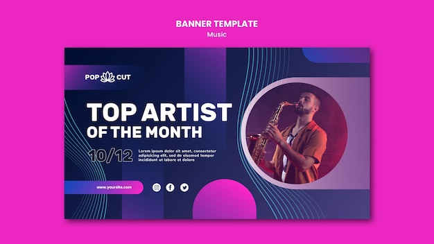 Modelo de banner horizontal para música com músico de jazz masculino e saxofone