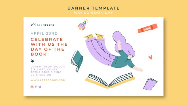 Modelo de banner horizontal para o dia mundial do livro