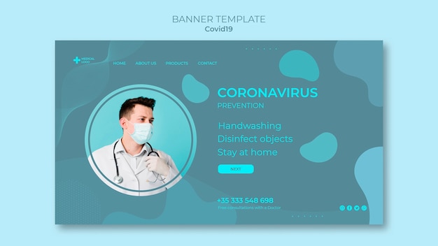 Modelo de banner horizontal para prevenção de coronavírus