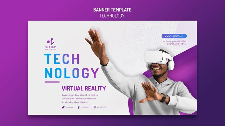 PSD grátis modelo de banner horizontal para tecnologia moderna com fone de ouvido de realidade virtual