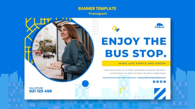Modelo de banner horizontal para transporte público com passageiro feminino