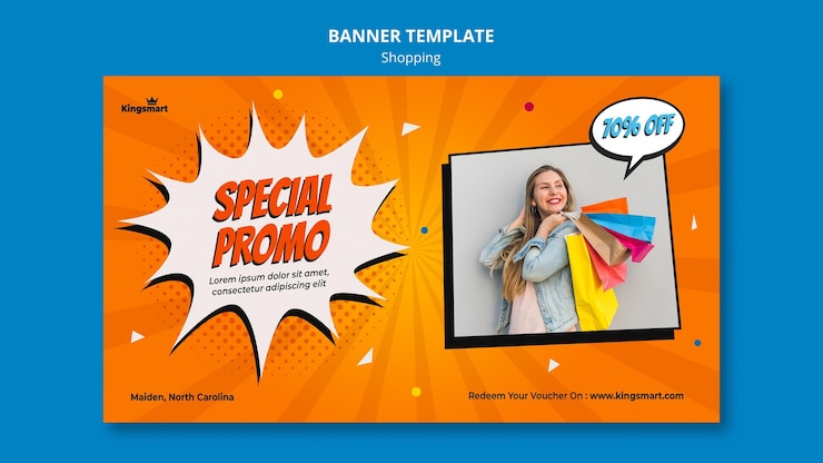 PSD grátis modelo de banner para compras com mulher segurando sacolas de compras