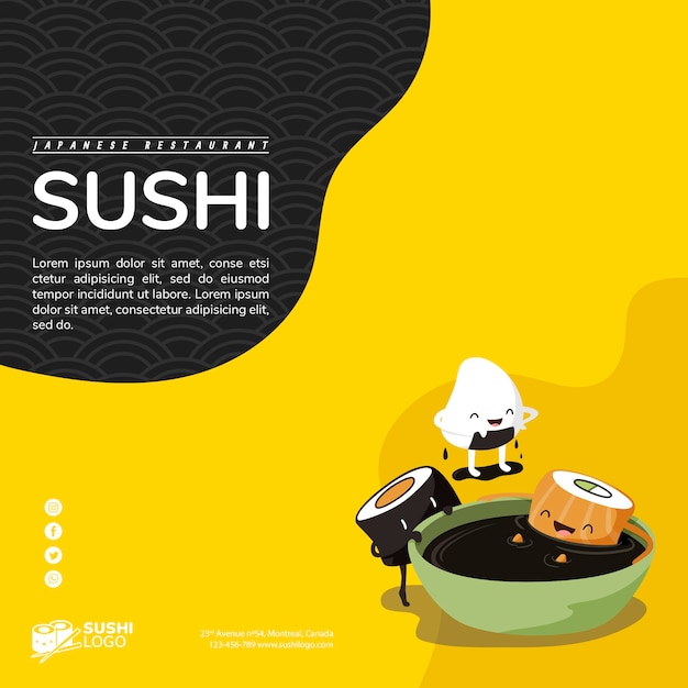 Modelo de banner quadrado de restaurante de sushi asiático