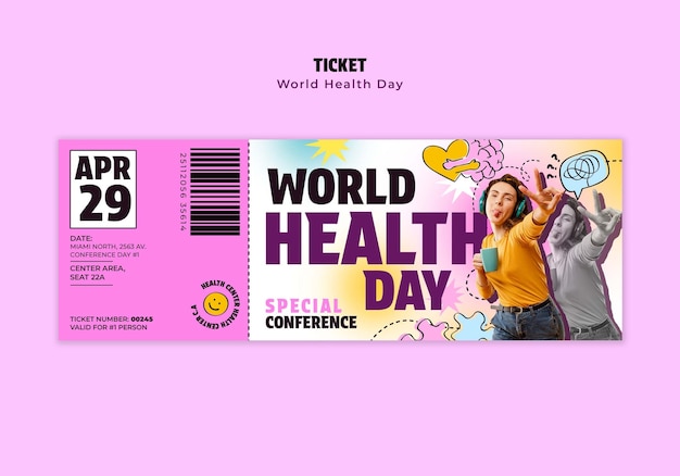PSD grátis modelo de bilhete para a celebração do dia mundial da saúde