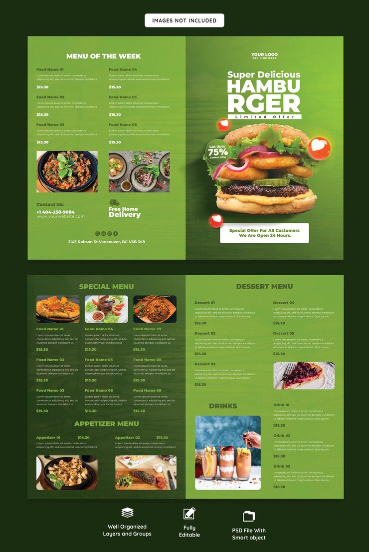 PSD grátis modelo de brochura bifold de menus de hambúrgueres e alimentos deliciosos
