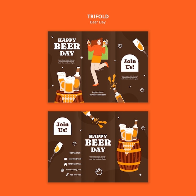 PSD grátis modelo de brochura tripla para a celebração do dia da cerveja