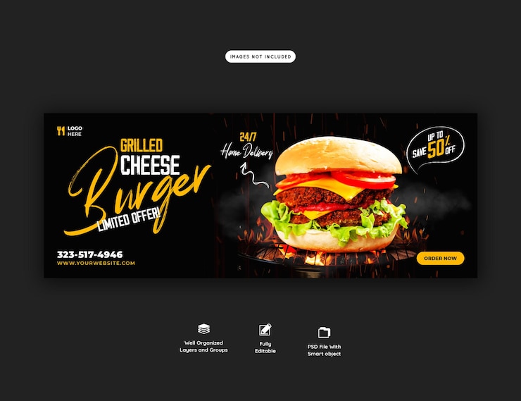 PSD grátis modelo de capa do facebook para hambúrguer delicioso e menu de comida
