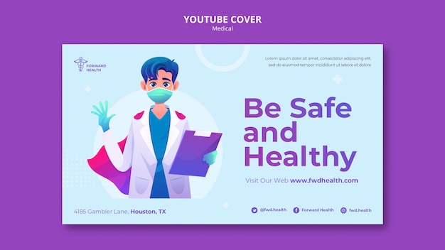 PSD grátis modelo de capa do youtube de check-up e cuidados de saúde