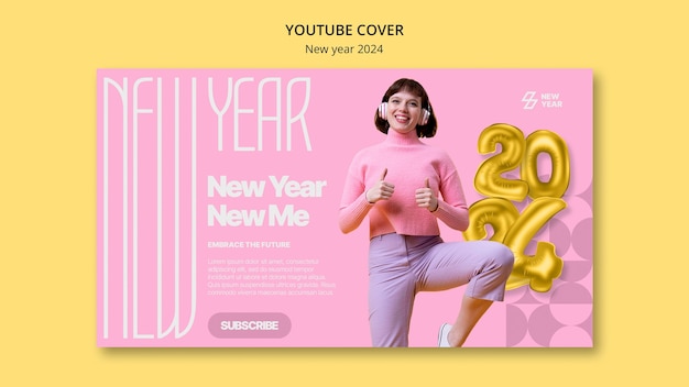 PSD grátis modelo de capa do youtube de design plano ano novo 2024