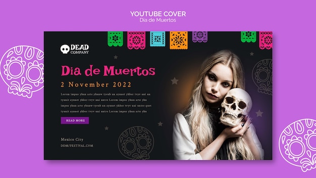 PSD grátis modelo de capa do youtube de dia de muertos