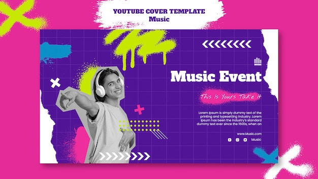 Modelo de capa do youtube de evento de música com efeito de tinta spray