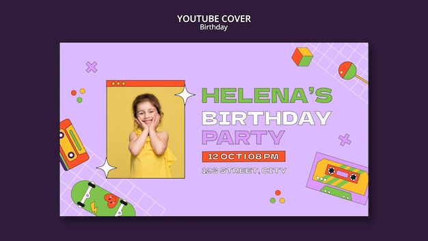 PSD grátis modelo de capa do youtube de festa de aniversário infantil