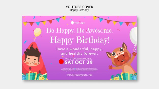 PSD grátis modelo de capa do youtube de festa de aniversário