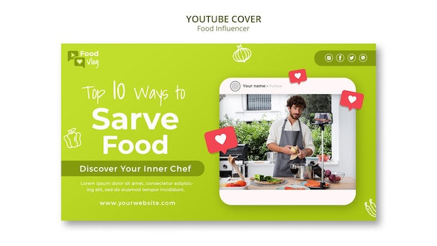 PSD grátis modelo de capa do youtube de influenciador de comida de design plano