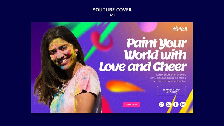 PSD grátis modelo de capa do youtube para celebração do festival holi