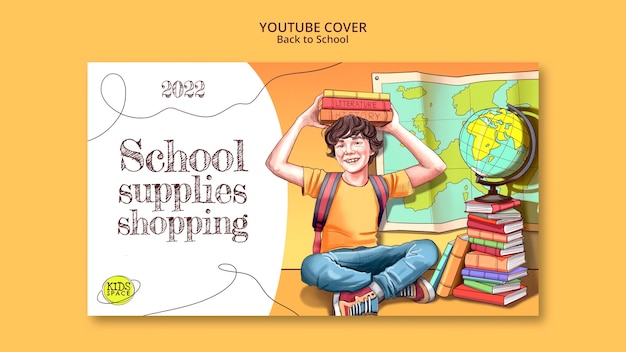 PSD grátis modelo de capa do youtube para volta às aulas com elementos desenhados à mão