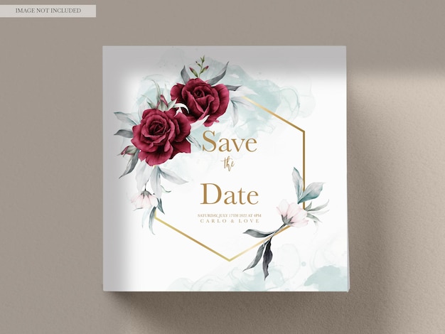 PSD grátis modelo de cartão de convite de casamento com lindas flores e folhas de cor rosa marrom moderna