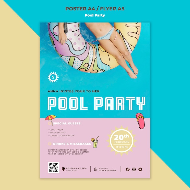 Modelo de cartaz a4 de festa na piscina