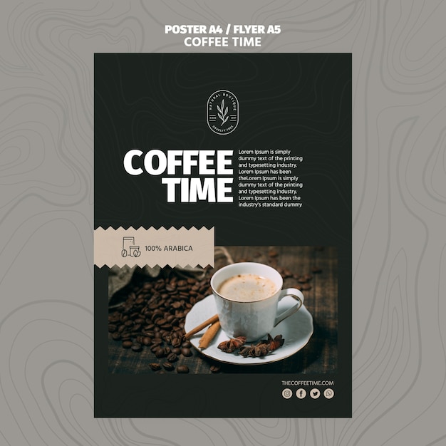 Modelo de cartaz - alta vista café na xícara e grãos de café
