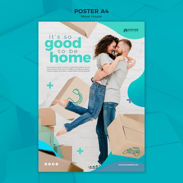 PSD grátis modelo de cartaz - conceito de casa em movimento