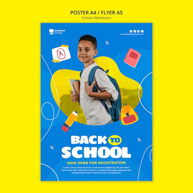 Modelo de cartaz de admissão escolar de design plano