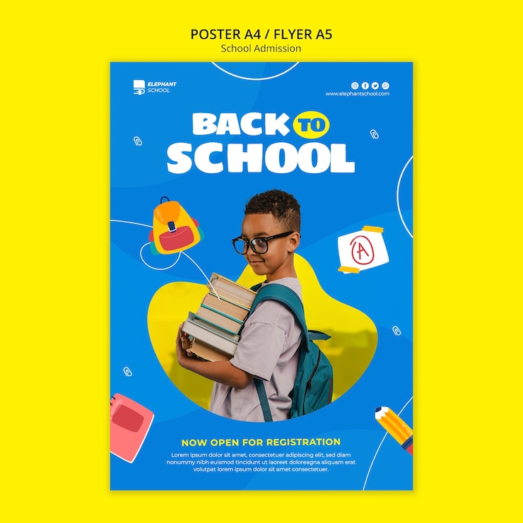 PSD grátis modelo de cartaz de admissão escolar de design plano