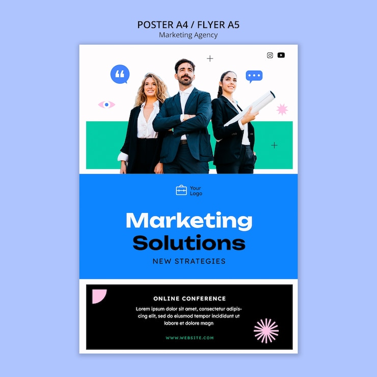 PSD grátis modelo de cartaz de agência de marketing de design plano