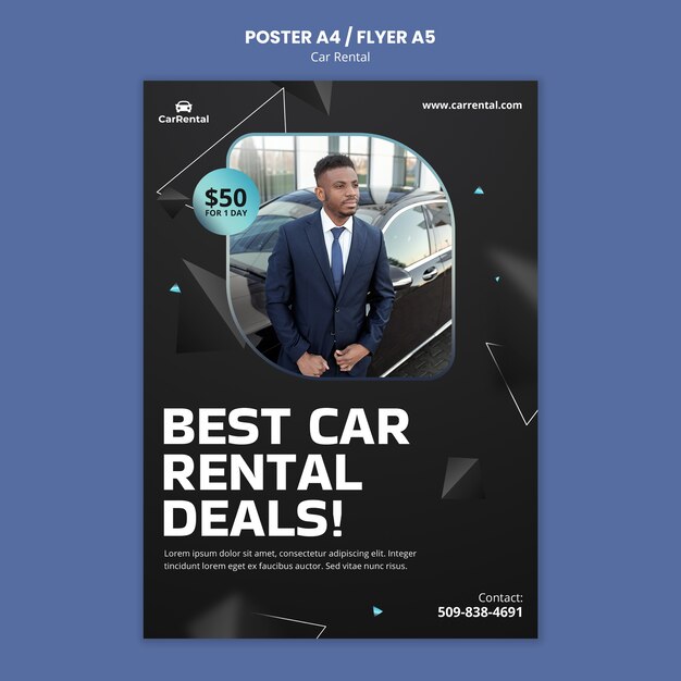 Modelo de cartaz de aluguel de carros de design plano