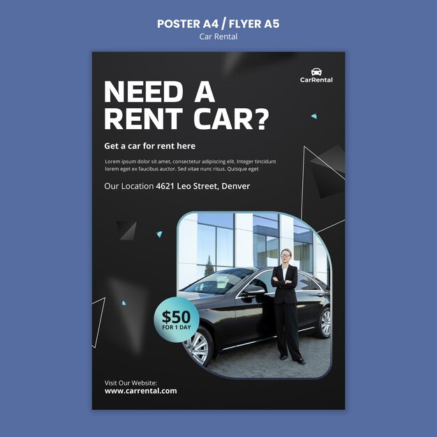 Modelo de cartaz de aluguel de carros de design plano