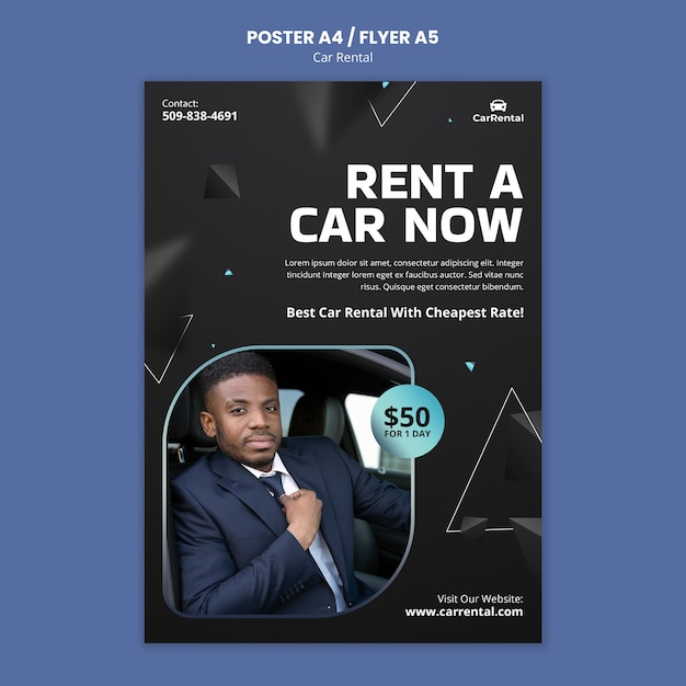Modelo de cartaz de aluguer de automóveis de design plano
