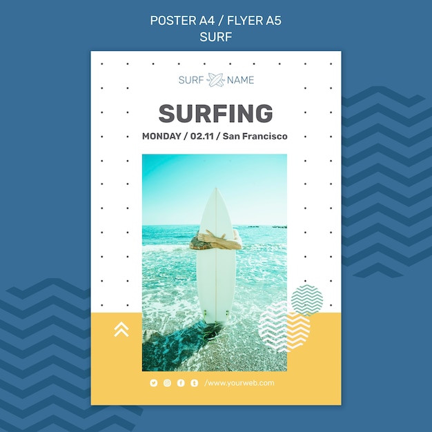 Modelo de cartaz de anúncio de surfe