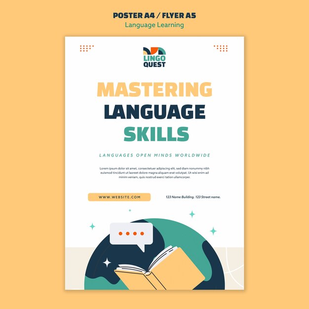 Modelo de cartaz de aprendizado de idiomas desenhado à mão