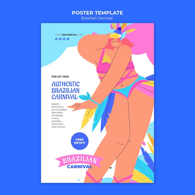 Modelo de cartaz de carnaval brasileiro de design plano
