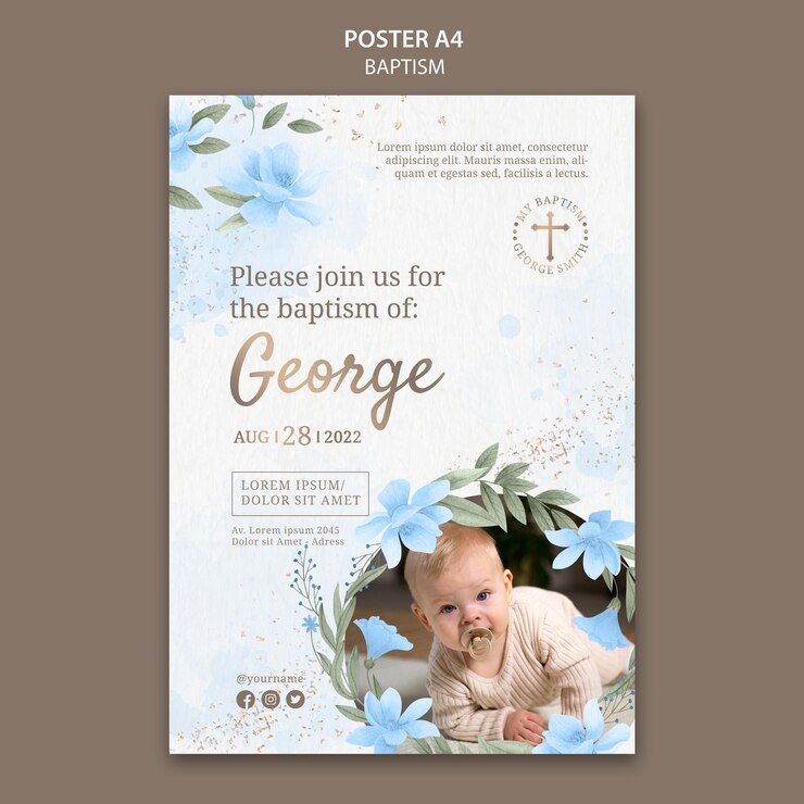 PSD grátis modelo de cartaz de celebração de batismo floral a4