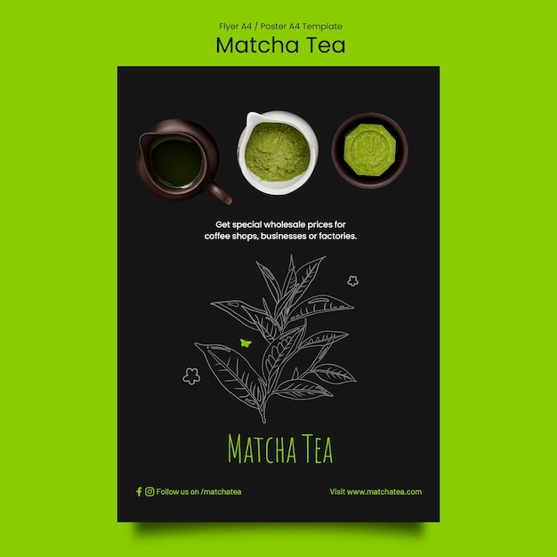 PSD grátis modelo de cartaz de chá matcha desenhado à mão