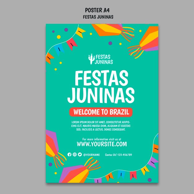 Modelo de cartaz de design plano festas juninas