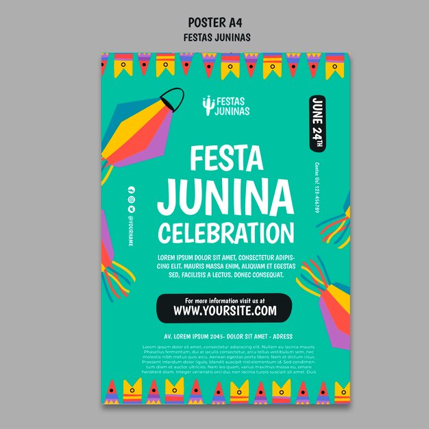 Modelo de cartaz de design plano festas juninas